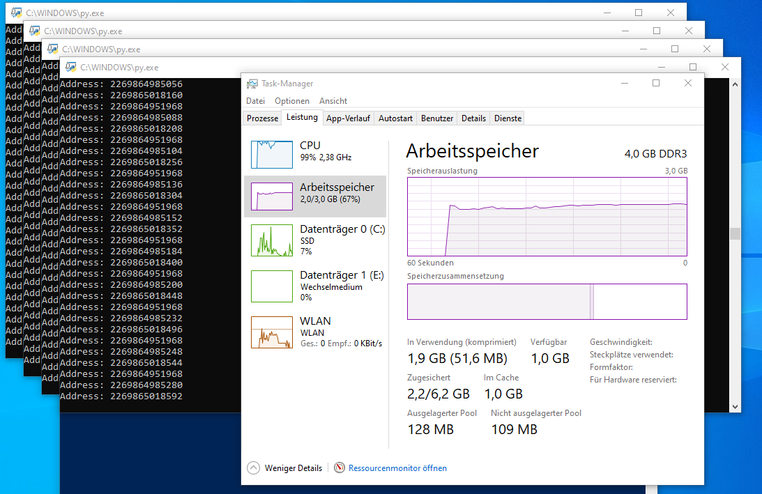 Abbildung 4: Ressourcen im Task-Manager nach Ausführung des Python-Codes